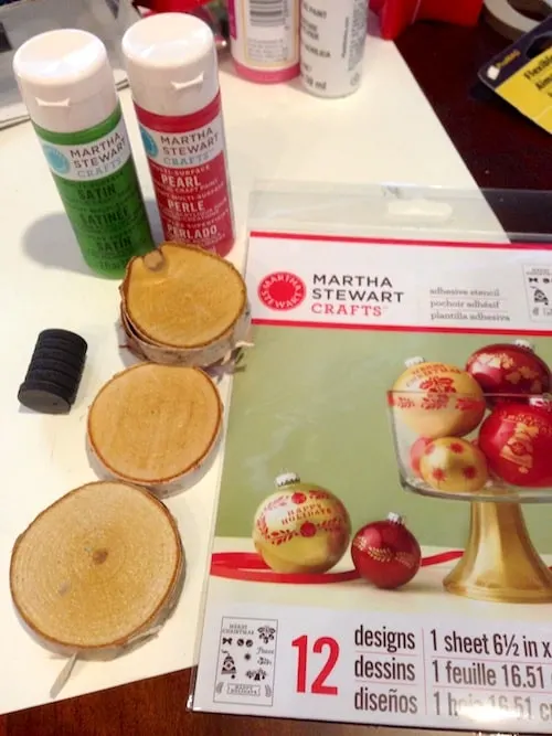 Martha Stewart adhesive stencils, acrylic paint, wood slices, and magnets