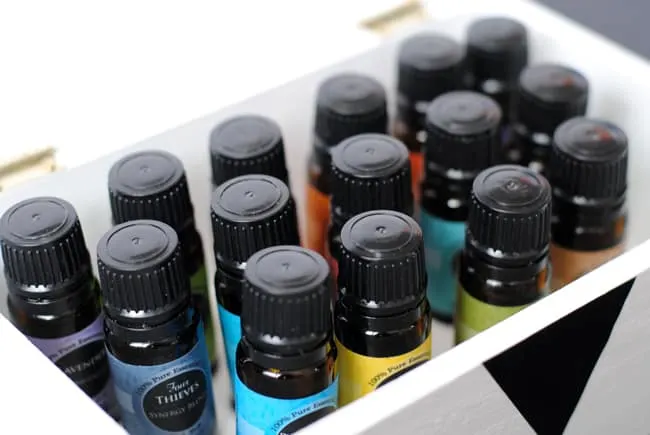 essential oils in a DIY storage box