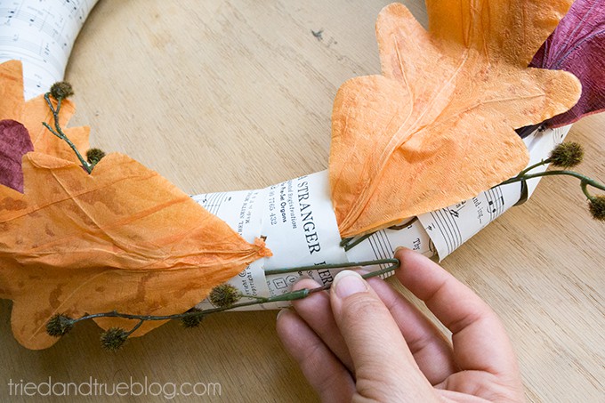 Bending the wire on the Dollar Tree fall wreath embellishments