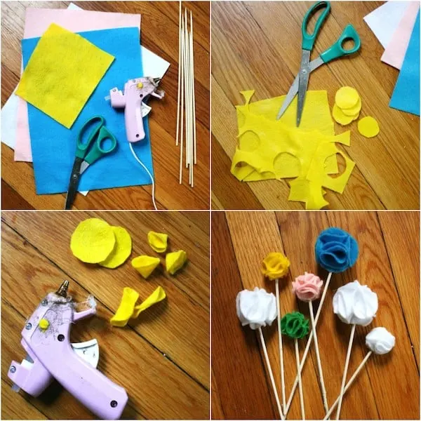 Making dessert toppers with wood skewers, felt, and hot glue