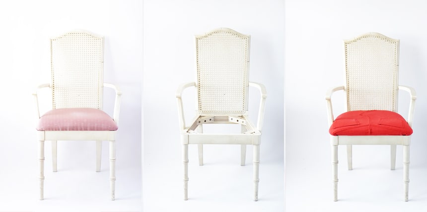 Before and after of reupholstered chair