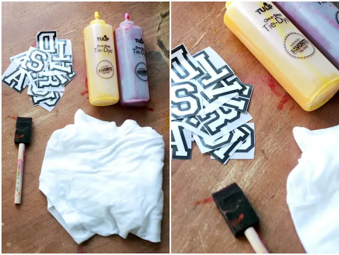 White shirt, tie dye, felt letters, and a foam brush