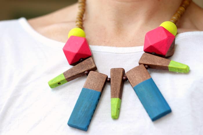 Painted and stained wood bead necklace