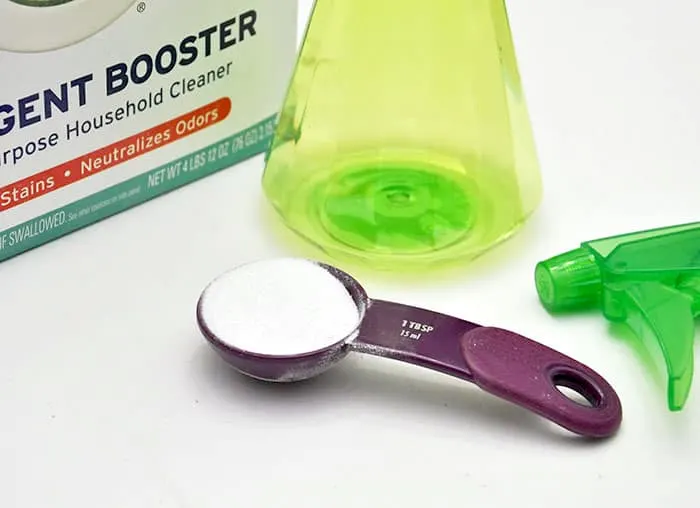 a tablespoon of Borax with a spray bottle in the background