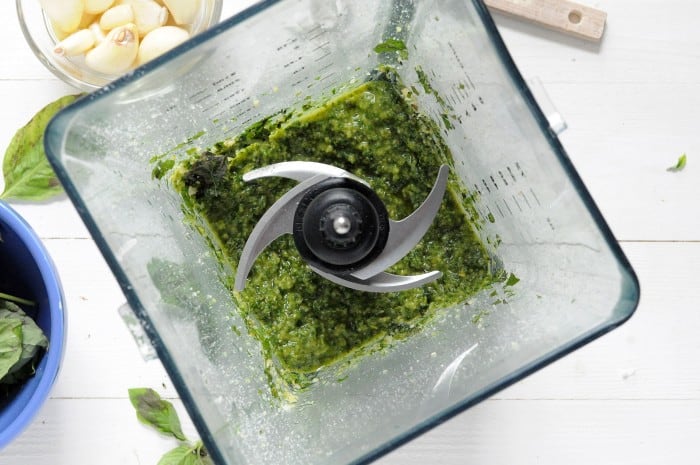 Basil pesto recipe - ingredients combined in a blender