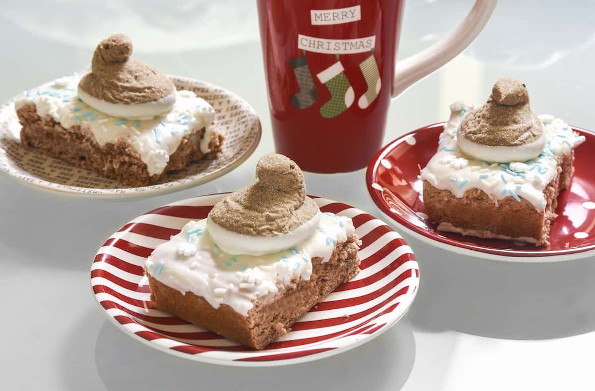Spice Cake Bars with Peeps in Snow Frosting