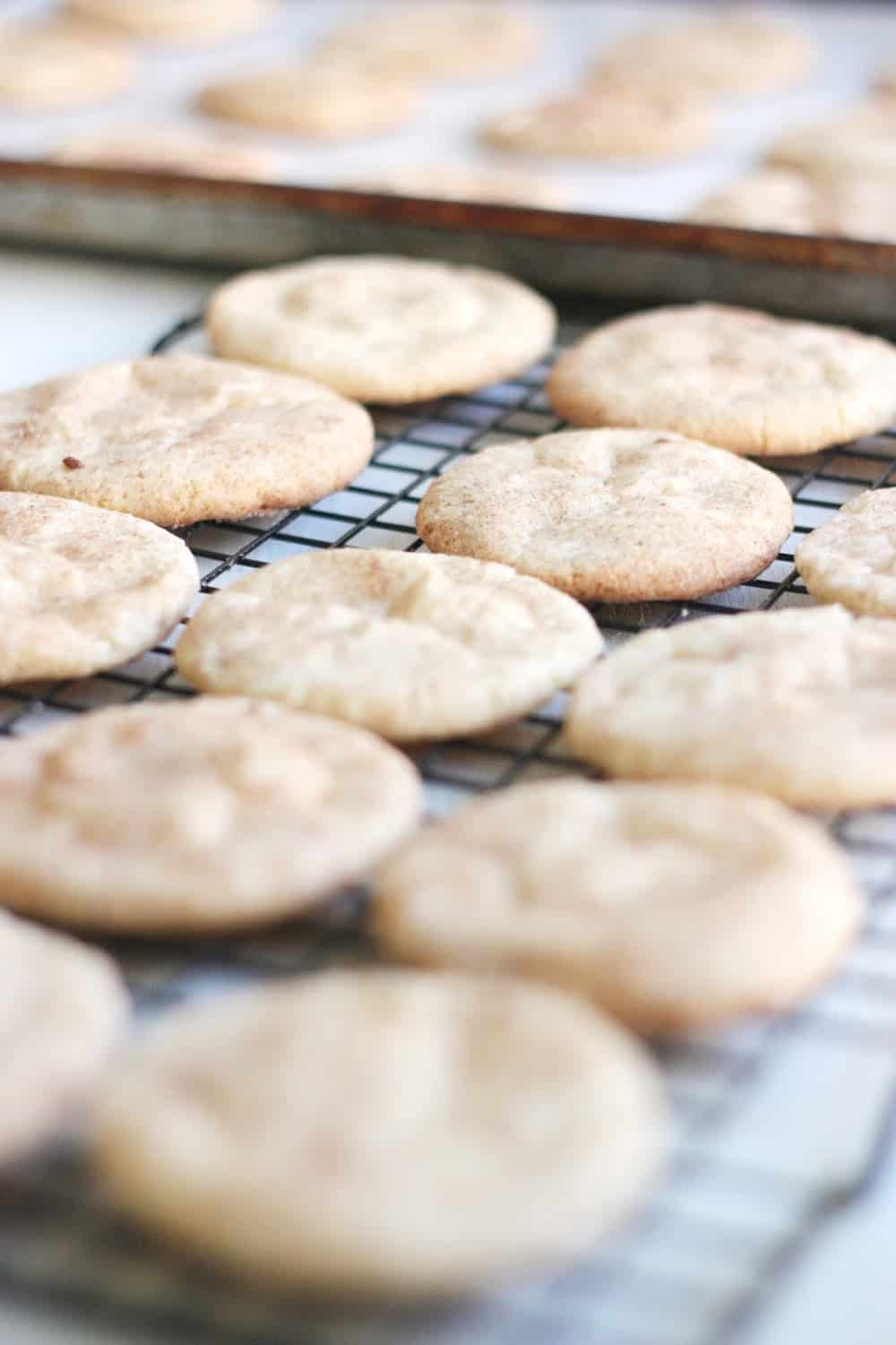 Snickerdoodle cookies cooling on a cookie rack