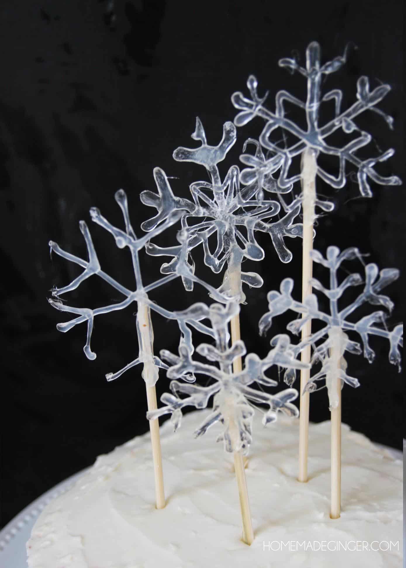 DIY hot glue snowflake cake toppers