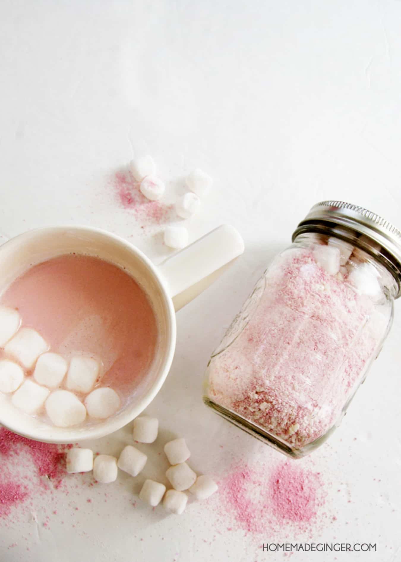 Pink hot chocolate in a jar