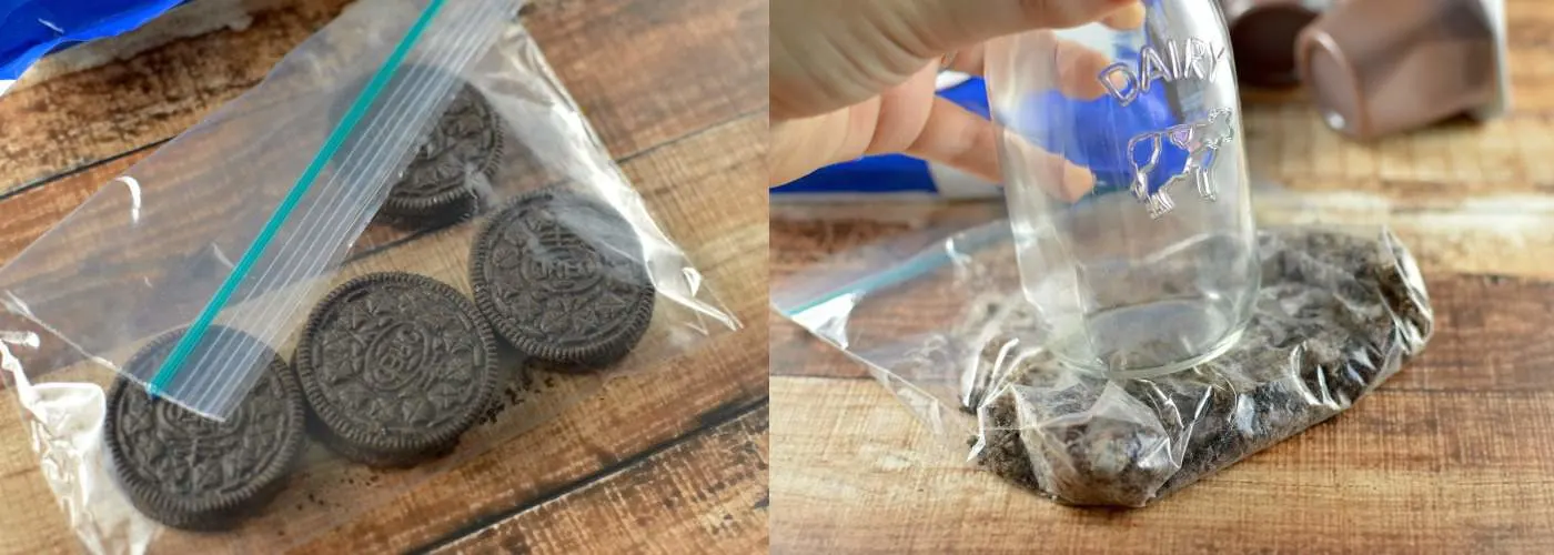 crush Oreos in a plastic bag with a glass