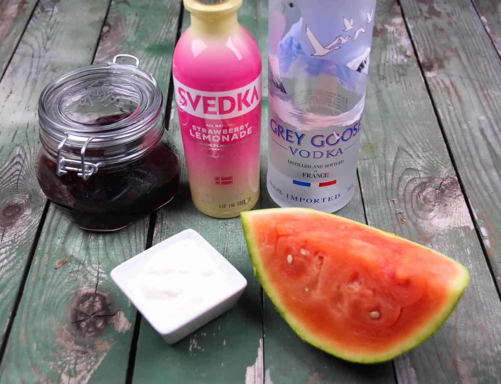 Strawberry simple syrup, watermelon, Svedka vodka, and Grey Goose vodka