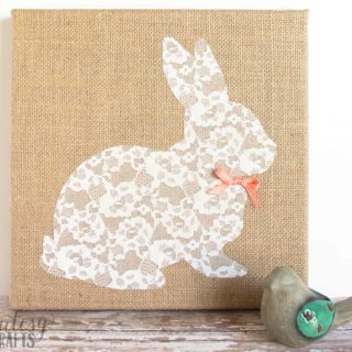 DIY bunny canvas made with burlap and lace for Easter