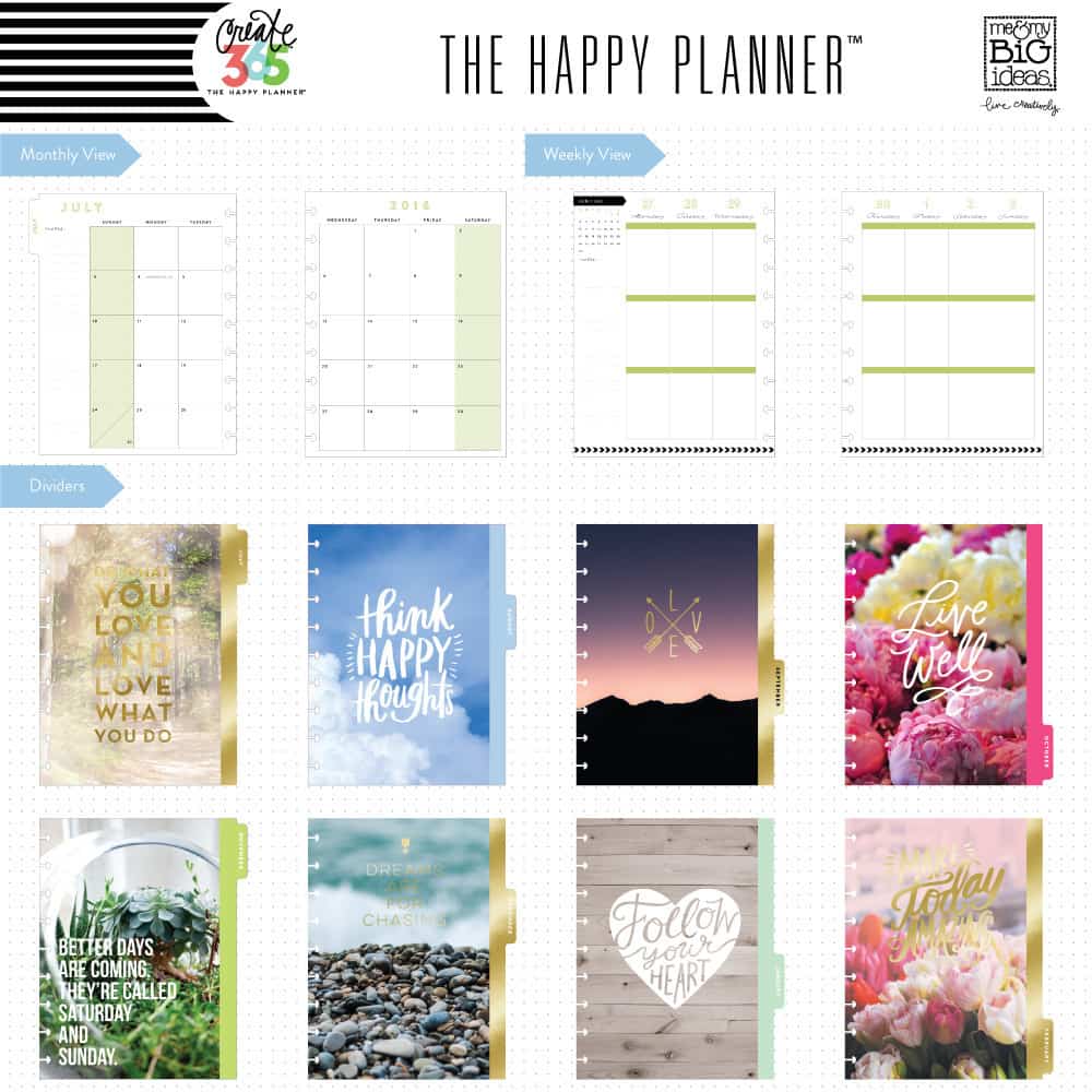 Sample of calendar pages and dividers in the Happy Planner