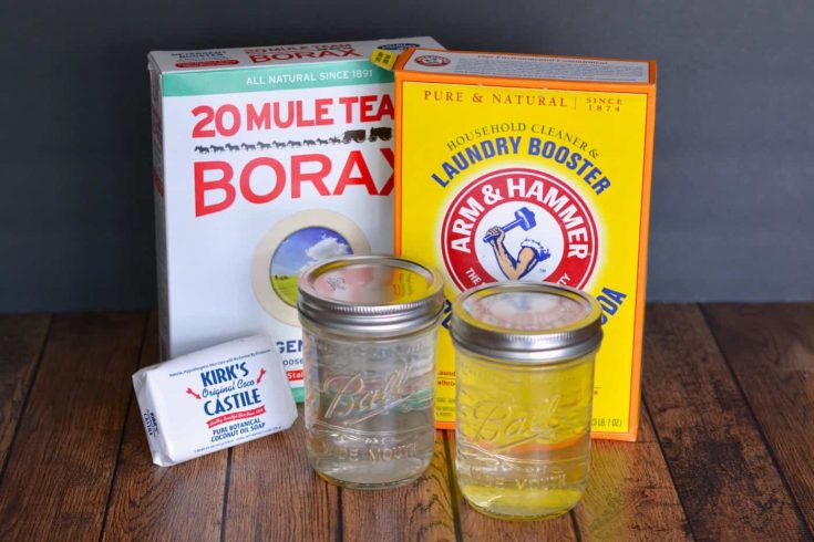 Make this easy (and budget friendly) homemade laundry detergent recipe - it's liquid! No chemicals, dyes, or additives and it's perfect for sensitive skin.
