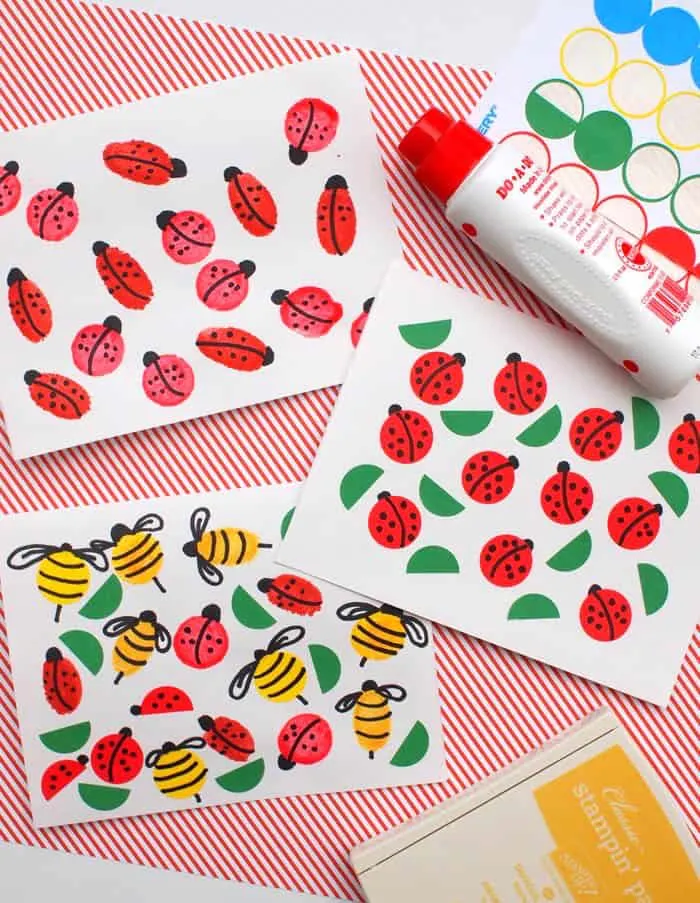 Handmade summer cards for kids featuring bees and ladybugs