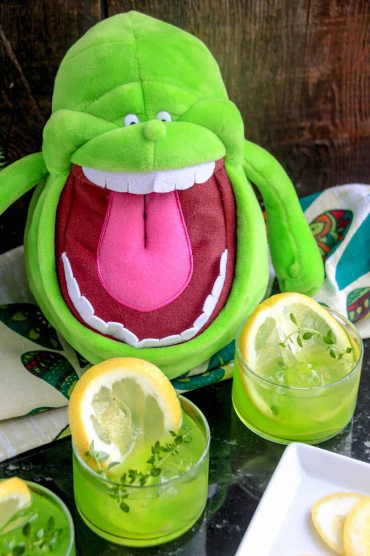 Slimer doll and two Ghostbusters cocktails