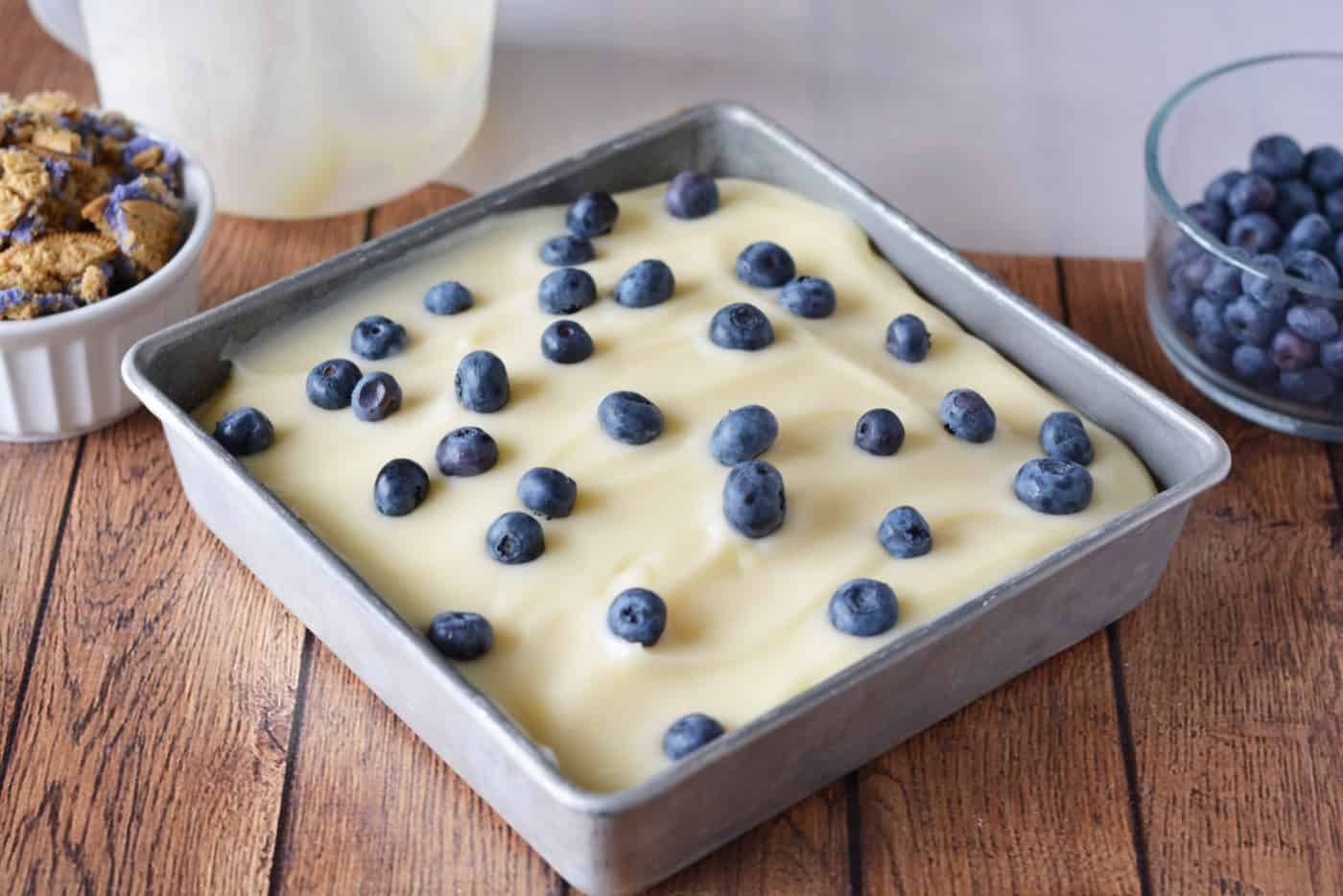 Pudding spread across the top with blueberries