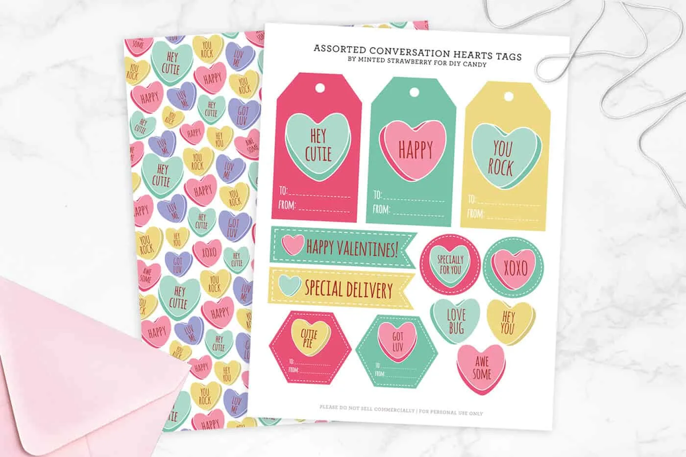 Conversation heart wrapping paper and tags for Valentine's Day