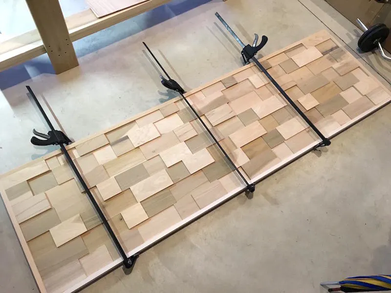 Mid century modern DIY wood headboard being glued