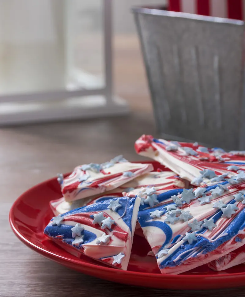 Red White and Blue Candy Bark on Plate