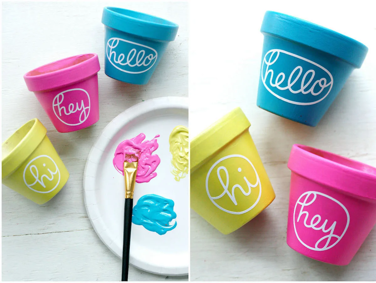 Painted cactus pots in neon yellow, pink, and blue