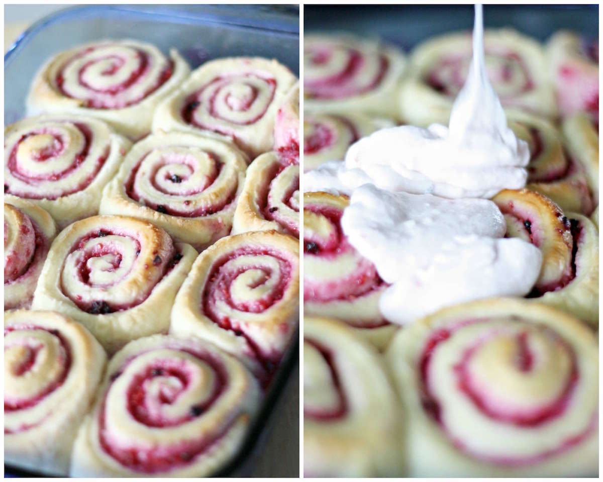 Spreading cream cheese frosting across the rolls