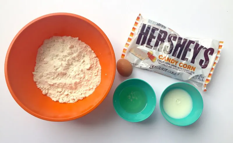 Cake mix, Hershey's candy corn candy bars, egg, oil, and milk