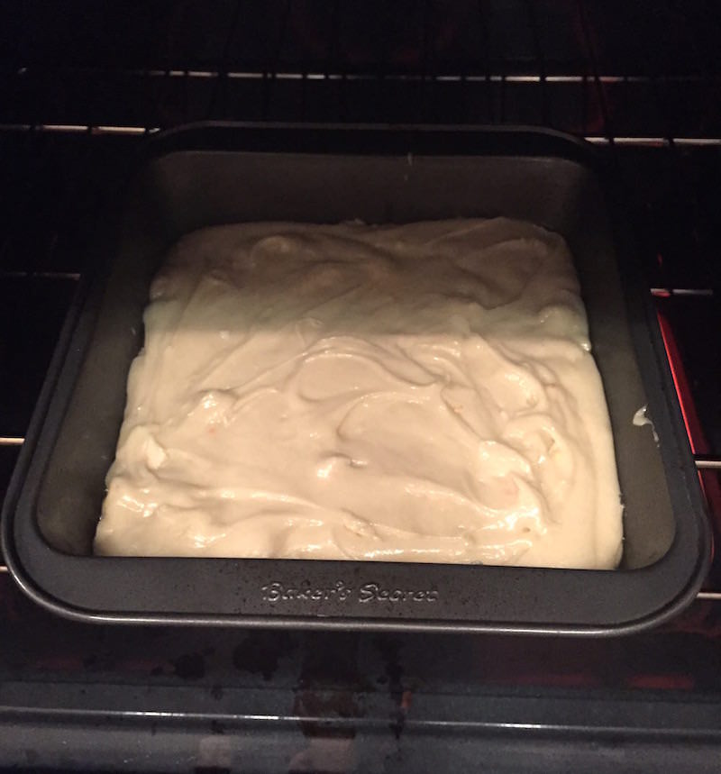 Cake batter in the oven