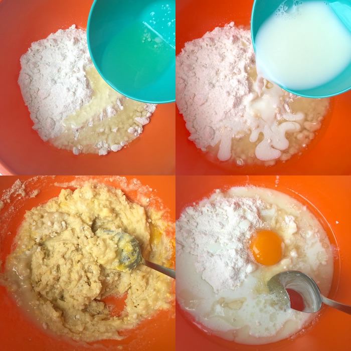 Mix cake mix with milk and egg