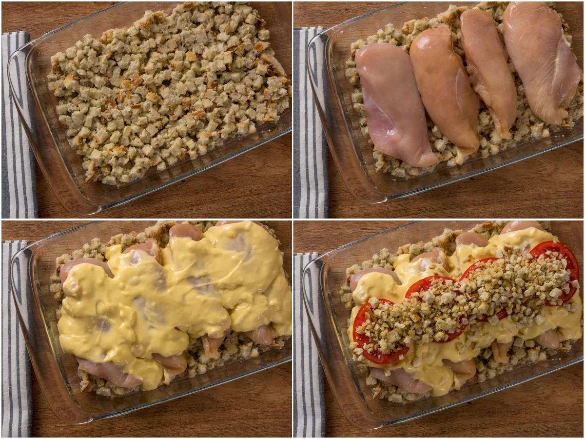 collage of chicken and stuffing with tomato on top