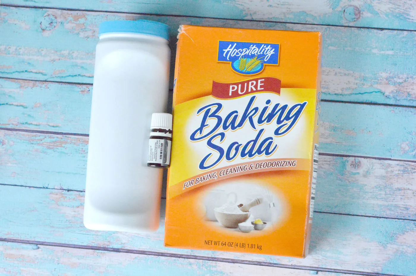 Baking soda, essential oils, and a shaker container