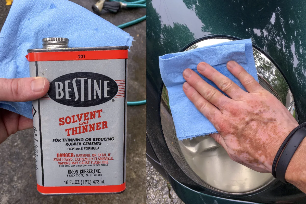Cleaning a headlight with Bestine solvent and thinner