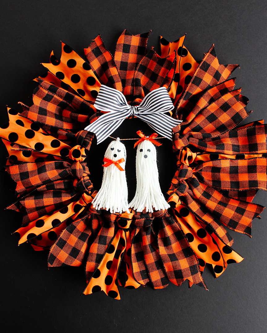 Halloween ribbon wreath with tassel ghosts