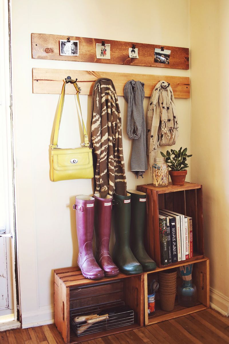 Wood Crate Mudroom Organization