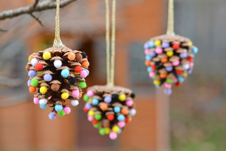 Pom Poms and Pinecones Christmas Ornaments