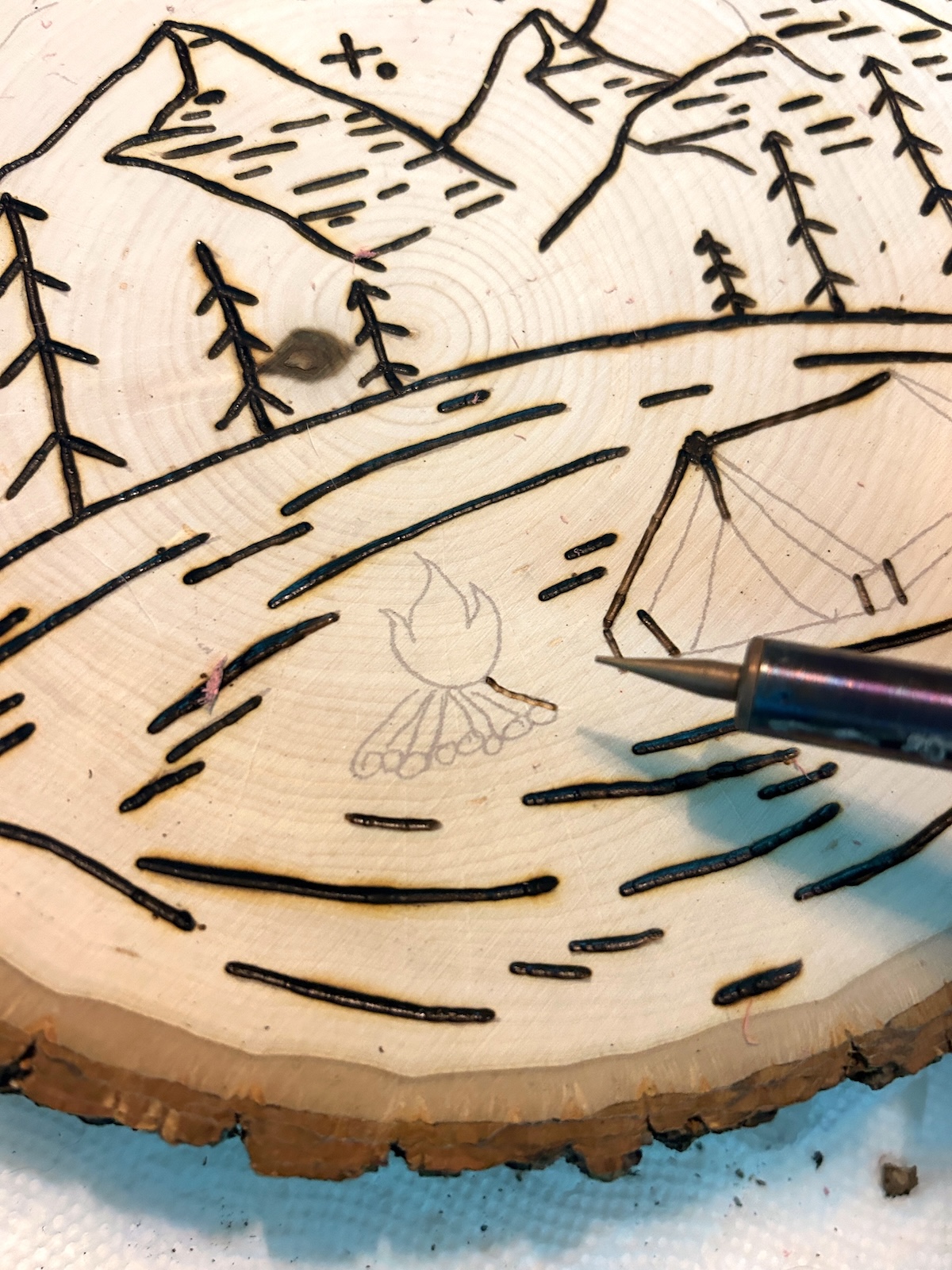adding details with a thinner wood burning tip