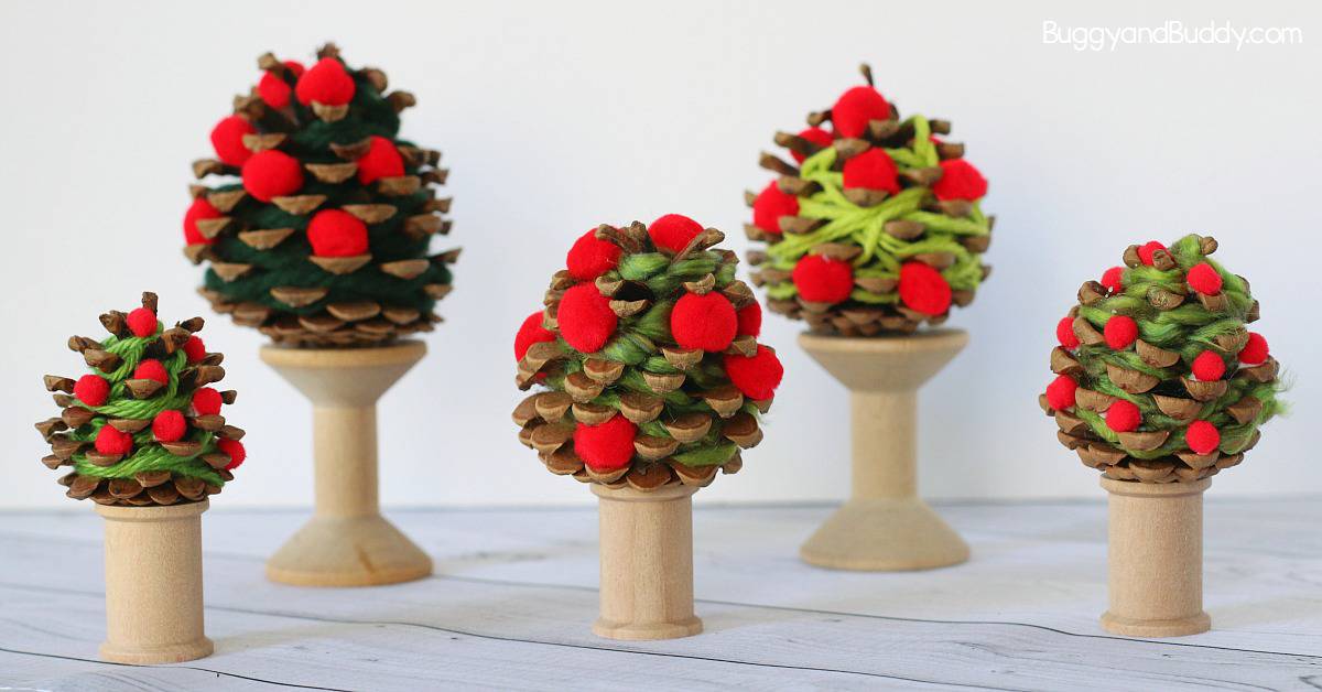 yarn wrapped pinecone apple tree craft for kids