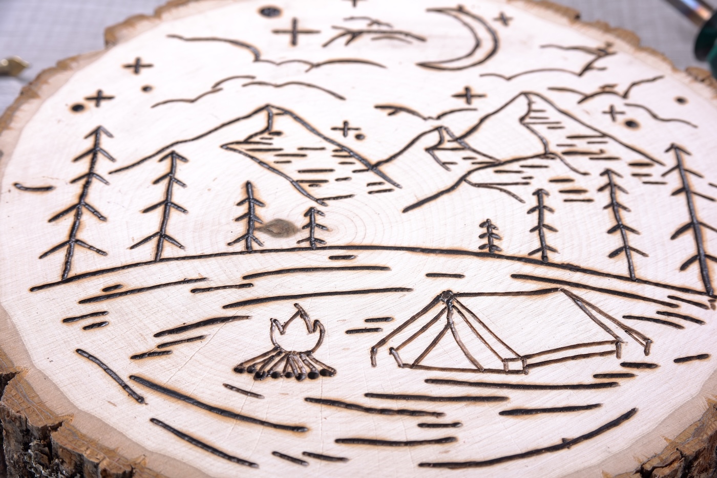 close up wood burned detail