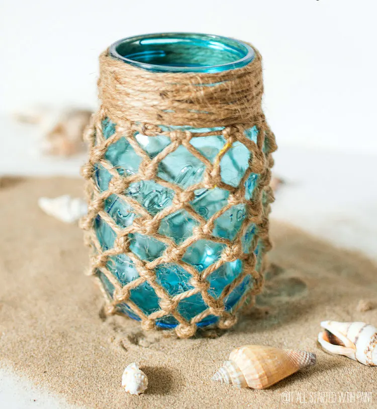 fishnet wrapped mason jar decor