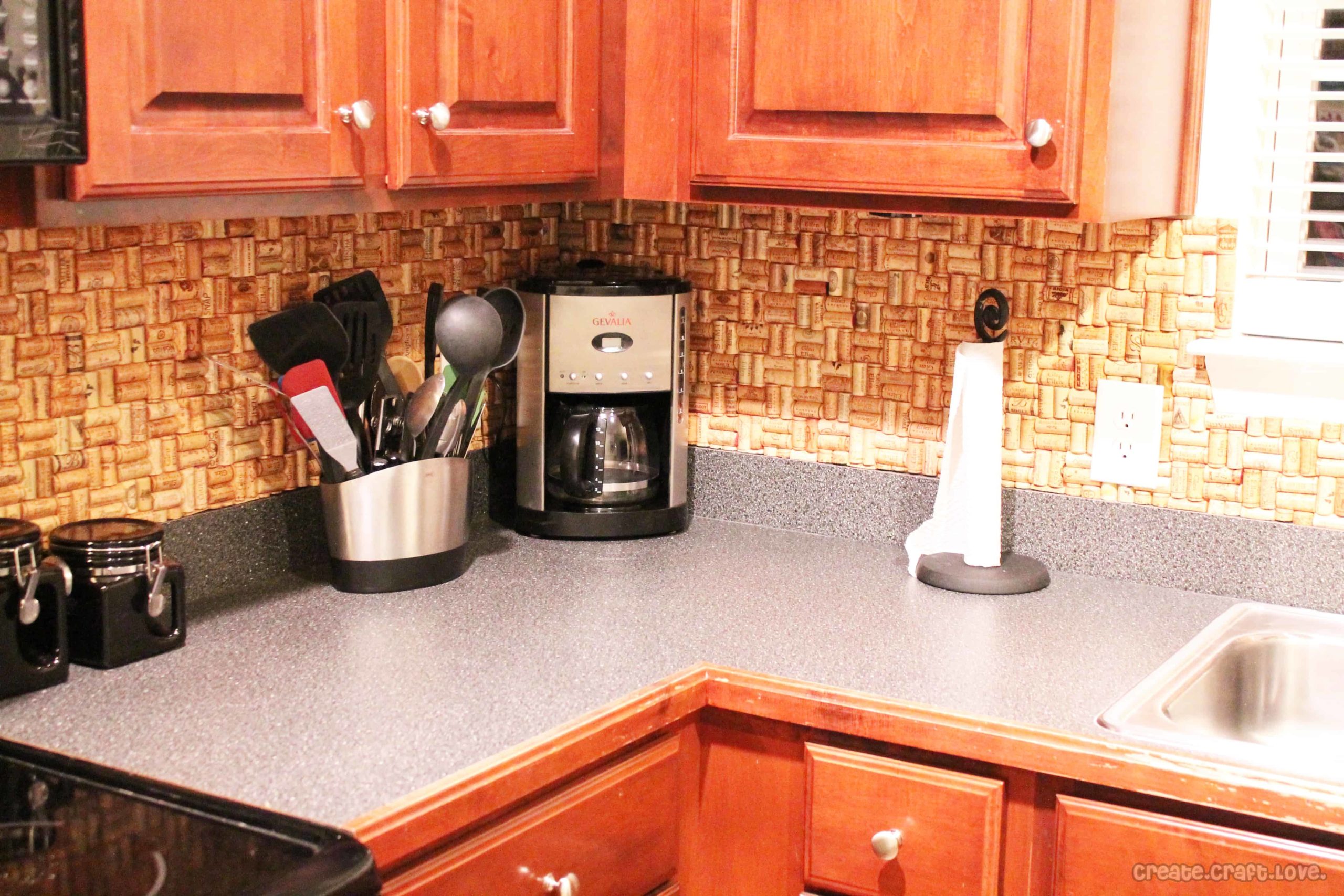 Wine cork backsplash in a kitchen