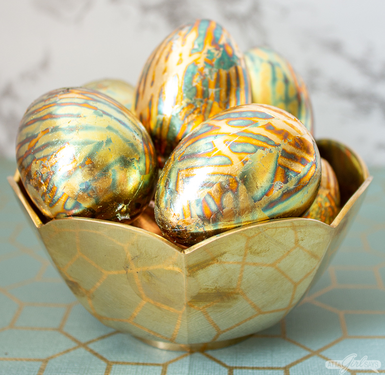 aged copper leaf easter eggs