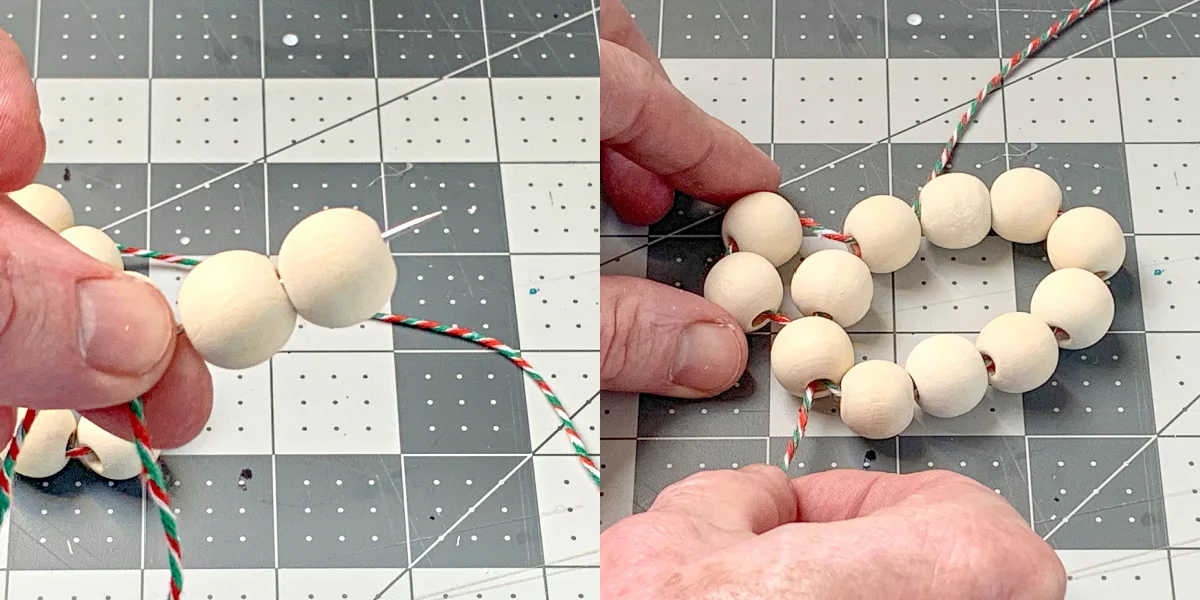 Stringing two beads onto the wood bead circle