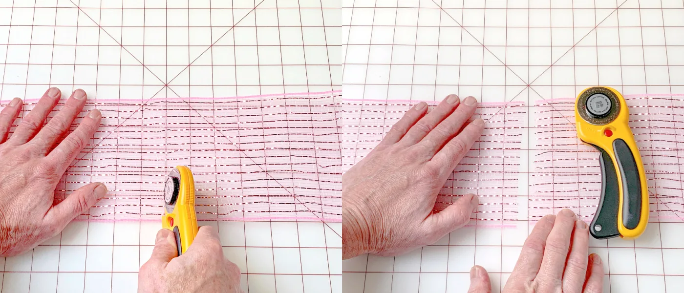 Cutting pink deco mesh with a rotary cutter