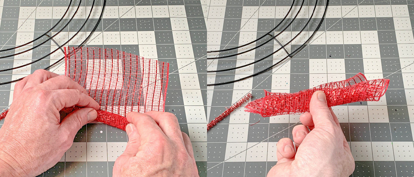 Rolling a piece of red deco mesh into a tube