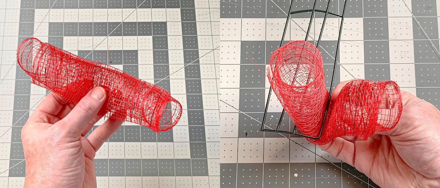 Wrapping a tube of red deco mesh around the wire wreath form