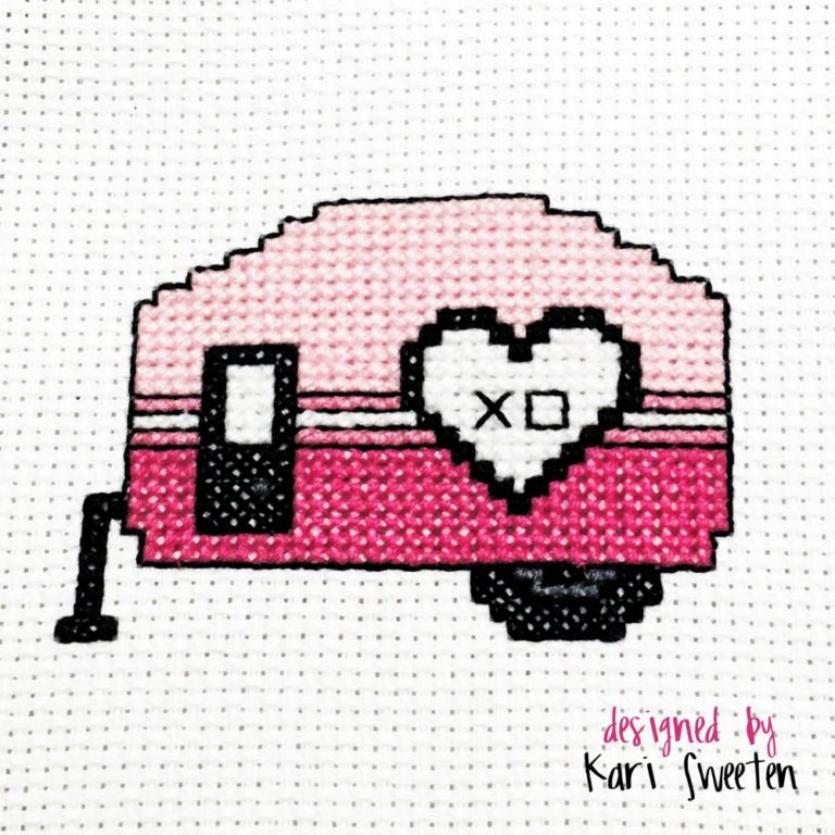 Free cross stitch pattern of a camper with hearts