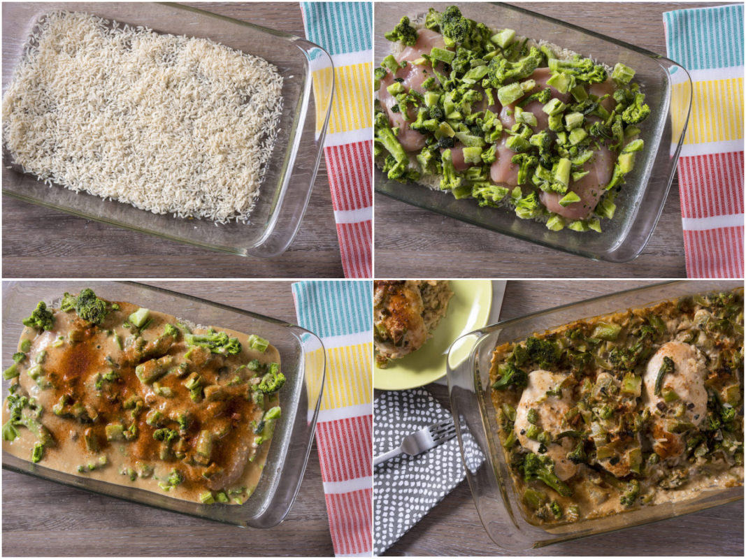 collage of asian chicken and rice bake