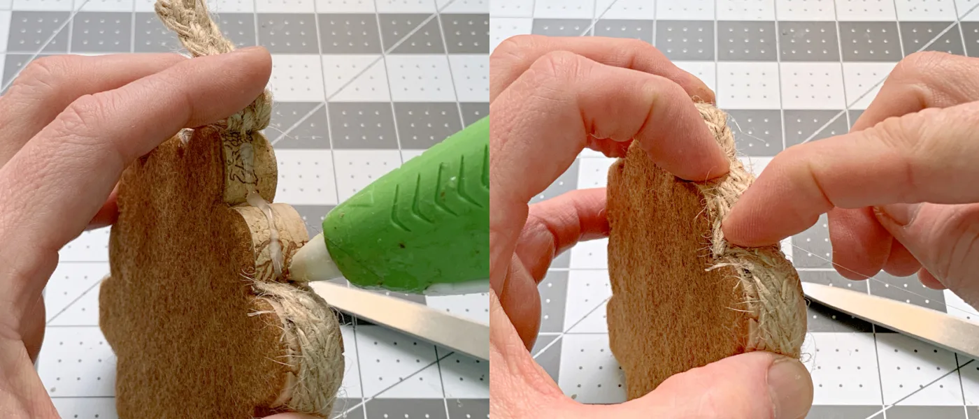 Applying hot glue to the edges of the corks and pressing down trim