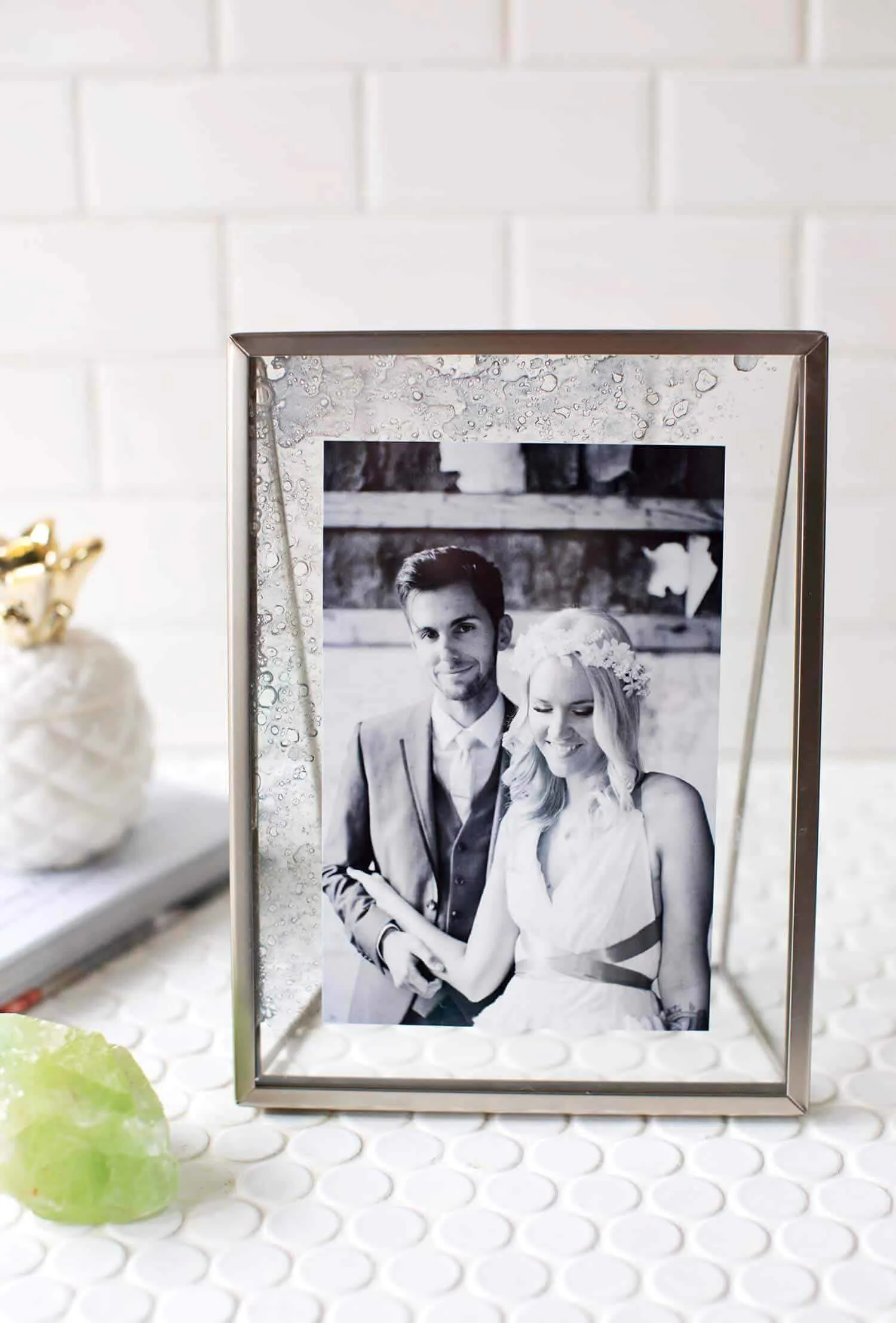 DIY antiqued glass photo frame