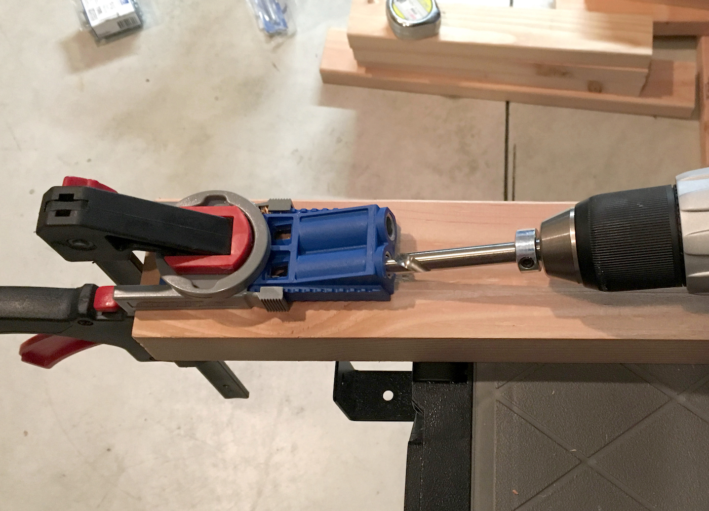 Drilling into a Kreg Jig with a drill screwdriver